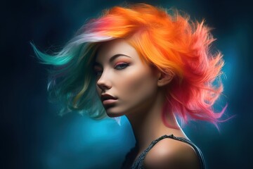 Obraz na płótnie Canvas Portrait of woman with bright colored flying hair. Professional hair coloring. Generative ai image