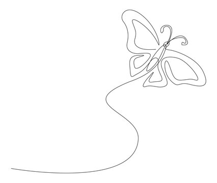 Continuous one line drawing of Butterfly. Simple flying butterfly line art vector illustration with editable Stroke.