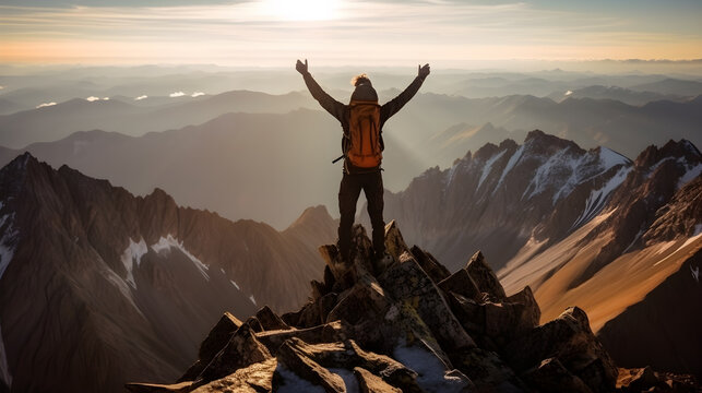 Climber Celebrating Success On Top Of Mountain ,generative Ai