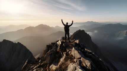 climber celebrating success on top of mountain ,generative ai