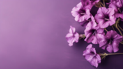 Fototapeta na wymiar Minimalist purple petunias flowers background with copy space.