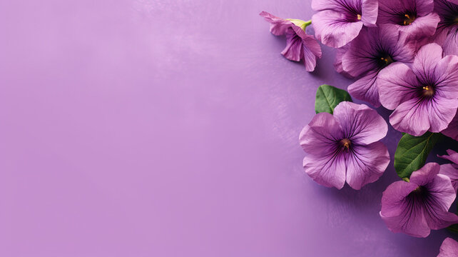 Minimalist purple petunias flowers background with copy space.