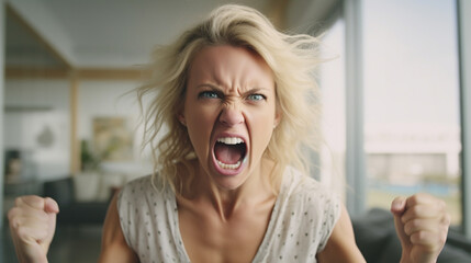 angry or loud scream, screaming adult woman, rage - obrazy, fototapety, plakaty