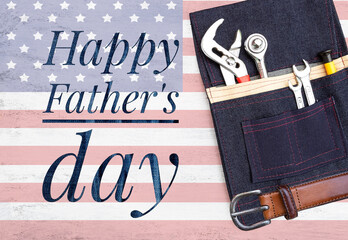Happy Father's day banner with steel tools in design pocket tool bag on abstract USA flag background, father's day poster background idea