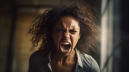 angry or loud scream, screaming adult woman, in rage