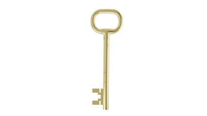 Old golden key isolated on white and transparent background. Minimal concept. 3D render