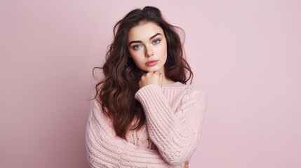 Fototapeta premium portrait young adult woman wears sweater, pink, 20s