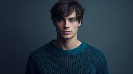 Fototapeta premium portrait young adult man wears sweater, blue , brunette hair, 30s