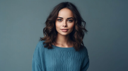 Fototapeta premium portrait young adult woman wears sweater, blue , brunette hair, 20s, 30s