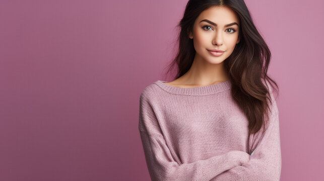 portrait young adult woman wears sweater, pink, 20s