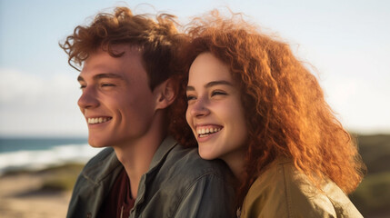 Obraz premium happy smiling man and women or teens on the beach, fictional place