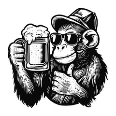 cool monkey wearing sunglasses and holding a beer mug © Satoru Sketches