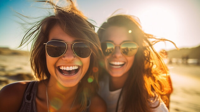 happy smiling women or teens on the beach, fictional place