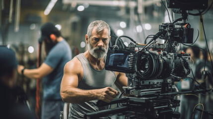 a muscular man, middle-aged, gray hair, gray beard is a cameraman on a shoot or recording, fictitious