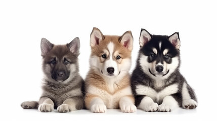 funny puppy  german shepherd and cutie puppy husky group on white background. Generative ai