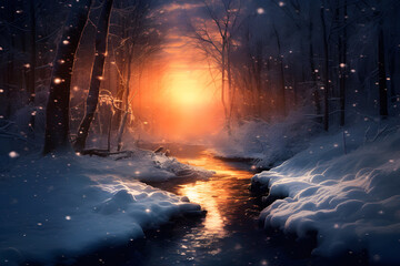 winter landscape covered in snow with glowing light