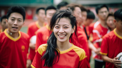 Fototapeta premium young adult woman and women and men sport club, soccer players, black, jersey, fun joy, waiting, soccer match, championship, group and team