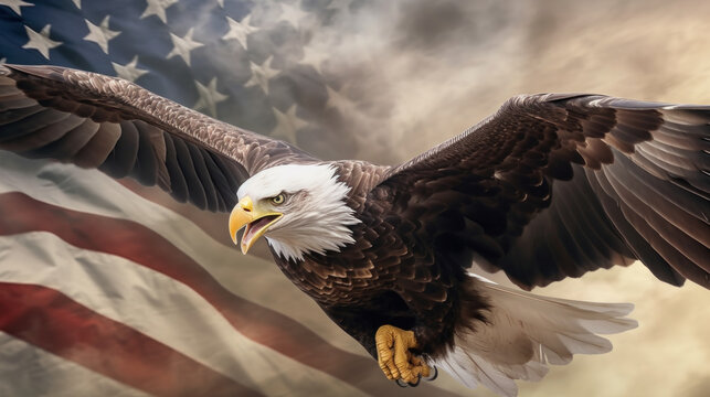 American bald eagle in flight flag background