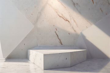 Abstract white background concept and marble stone texture.Geometric platform show cosmetic product.3D display podium.Stand Minimal mockup for presentation.Stage showcase. AI generated.