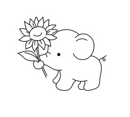 Vector isolated one single cute cartoon standing elephant with flower in trunk side view colorless black and white contour line easy drawing