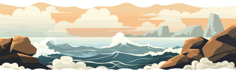ocean waves over rocky beach vector flat isolated illustration