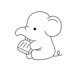 Vector isolated one single cute cartoon sitting  elephant with book side view colorless black and white contour line easy drawing