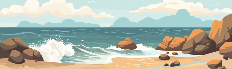 Fototapeta na wymiar ocean waves over rocky beach vector flat isolated illustration
