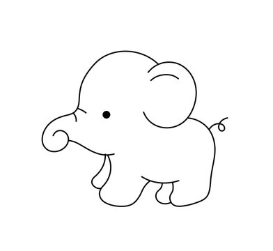 Vector isolated one single cute cartoon standing elephant  side view colorless black and white contour line easy drawing