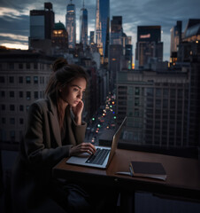 Young business woman using laptop by window in New York, Generative AI Illustration