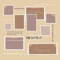 Photo collage template motivation moodboard pictures grids in cappuccino pastel colors. 
