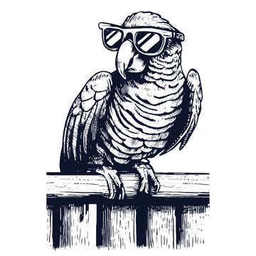 cool parrot wearing sunglasses and sitting on a fence sketch