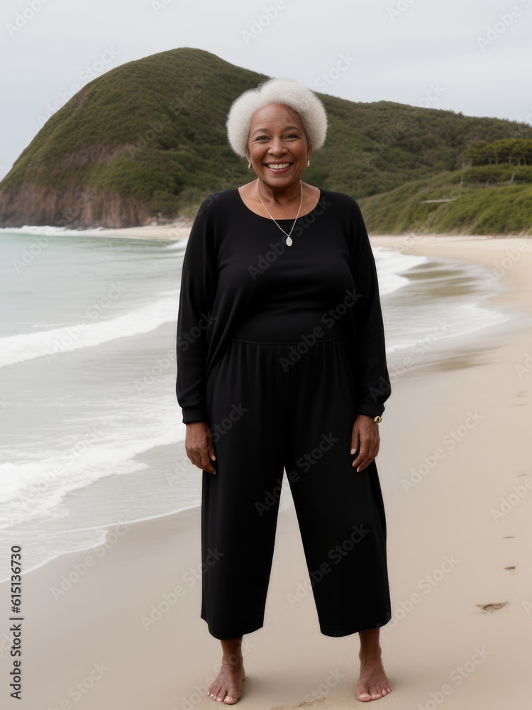 Wall mural Mature african american woman on a beach. Genrative AI