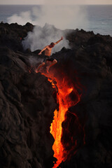Man in shorts jumping in active vulcano, Generative AI illustration
