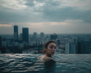 Young woman swimming in infinity pool with city behind her, Generative AI illustration