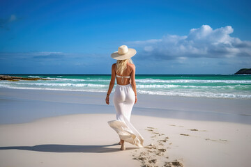 Fototapeta na wymiar Attractive female walking on the sandy beach , Generative AI illustration