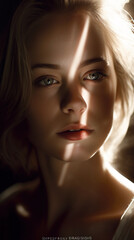 Portrait of blond woman with sun light shining in her eye, Generative AI illustration