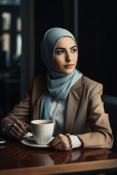 Muslim business woman having a coffee,  Generative AI illustration