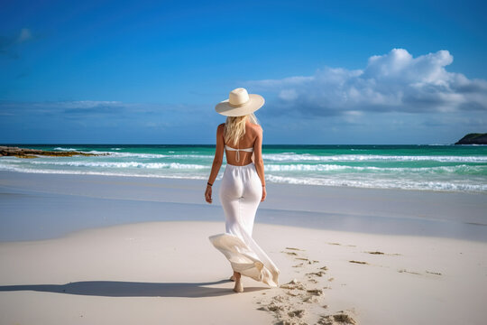 Attractive female walking on the sandy beach ,  Generative AI illustration