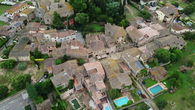 4K Drone Footage. Pubol. Old Village Of Girona. Colorful fields. Catalonia. Spain. 12 june 2023