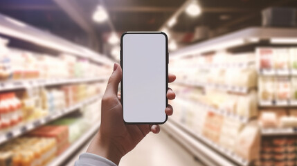 Fototapeta na wymiar Mobile phone in hand inside super market, Generative AI illustration