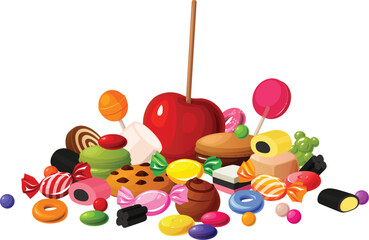 Cute vector illustration of various kinds of mixed candy, gummy, licorice, chocolate and cookies.