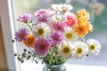 Colorful chamomile flowers in a flower vase