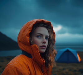 Outdoor portrait of beautiful woman wearing orange rain jacket at twilight, Generative AI illustration - obrazy, fototapety, plakaty