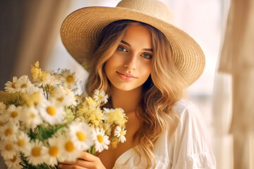 beautiful girl in hat holds bouquet of daisies. Pastoral. Gentle romantic rustic style. generative ai.