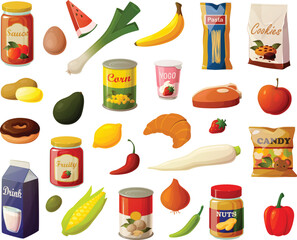 Cute vector illustration of various grocery list items such as vegetables, dried goods and snacks for the pantry.