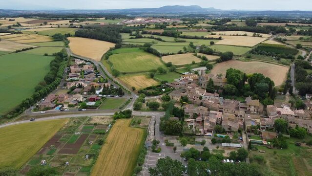 4K Drone Footage. Pubol. Old Village Of Girona. Colorful fields. Catalonia. Spain. 12 june 2023