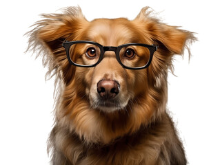 Portrait chien animaux : gros plan d'un chien brun qui porte des lunettes noires