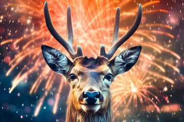 Reindeer celebrating with New Year's Eve fireworks