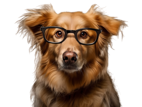 Portrait chien animaux : gros plan d'un chien brun qui porte des lunettes noires