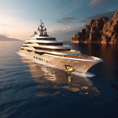 Fototapeta na wymiar Luxury motor yacht on the ocean, sunset, luxury yacht anchored in tropical exotic island bay with crystal clear turquoise sea. Generative ai